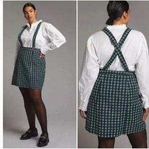 NWT Anthropologie Maeve Green Plaid Pinafore Skirt Overalls Suspenders Size 14